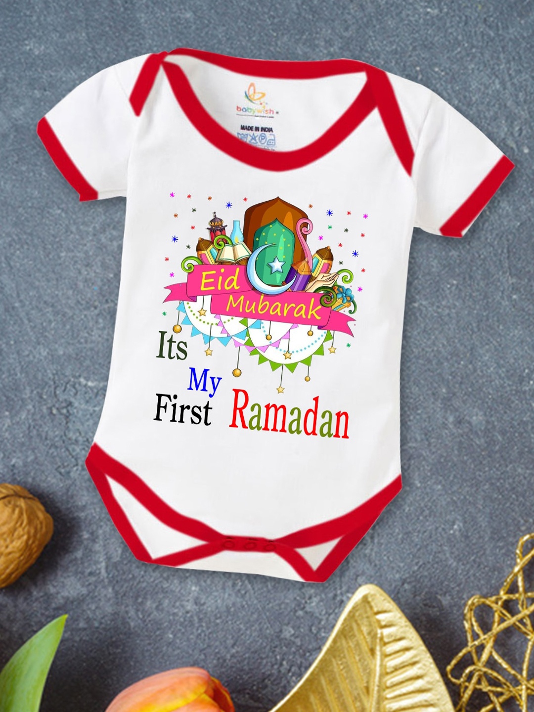

Babywish Infants Eid Printed Cotton Bodysuit, White