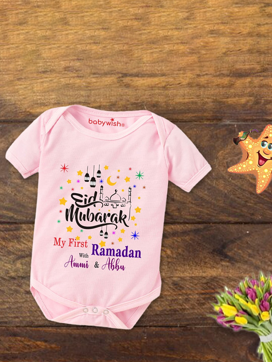 

Babywish Infants Eid Printed Cotton Bodysuit, Pink