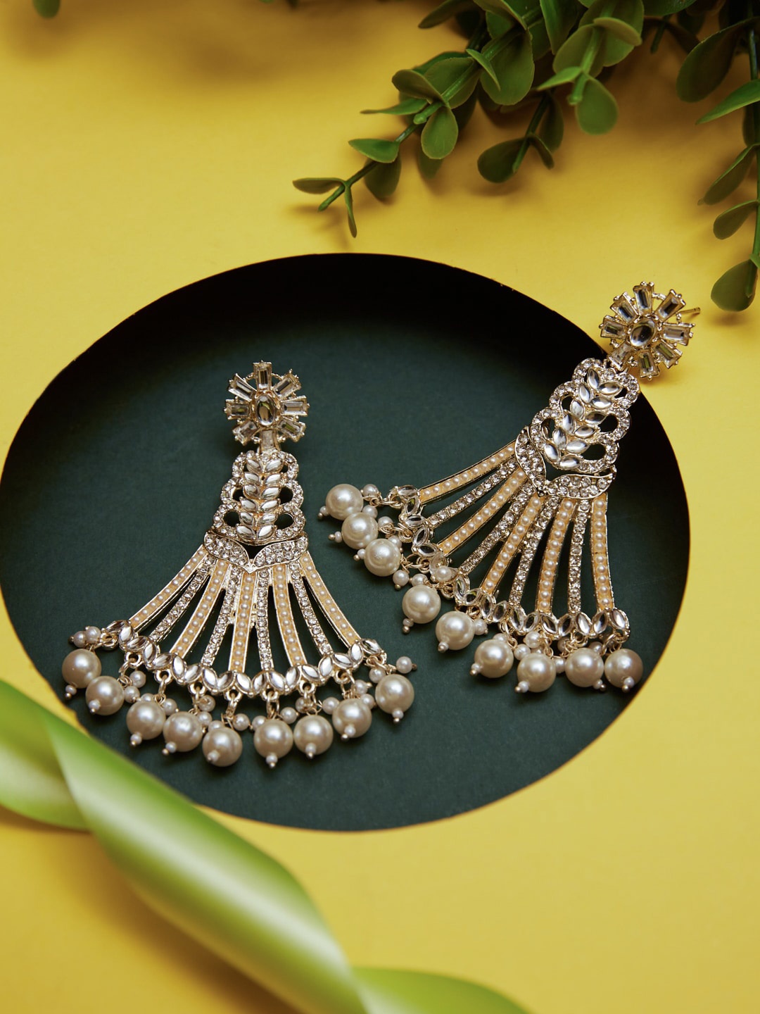 

ATIBELLE Gold-Plated Classic Beaded & Stone Studded Drop Earrings