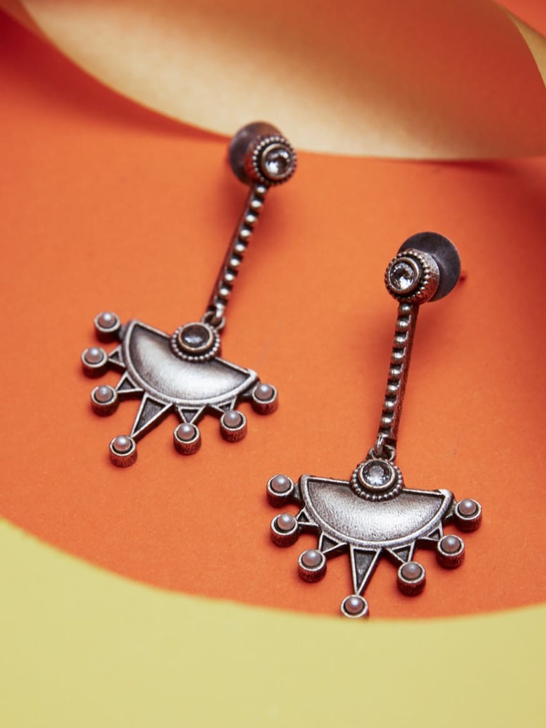 

ATIBELLE Silver-Plated Beaded & Stone Studded Geometric Drop Earrings