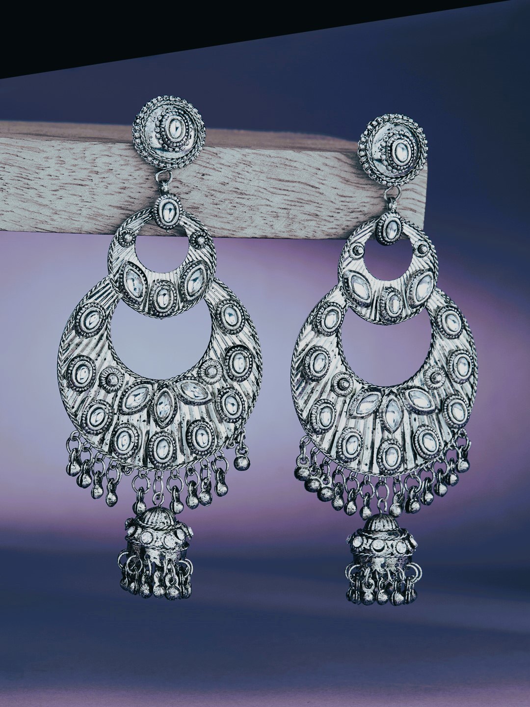 

ATIBELLE Silver-Plated Stone Studded Classic Oxidised Drop Earrings