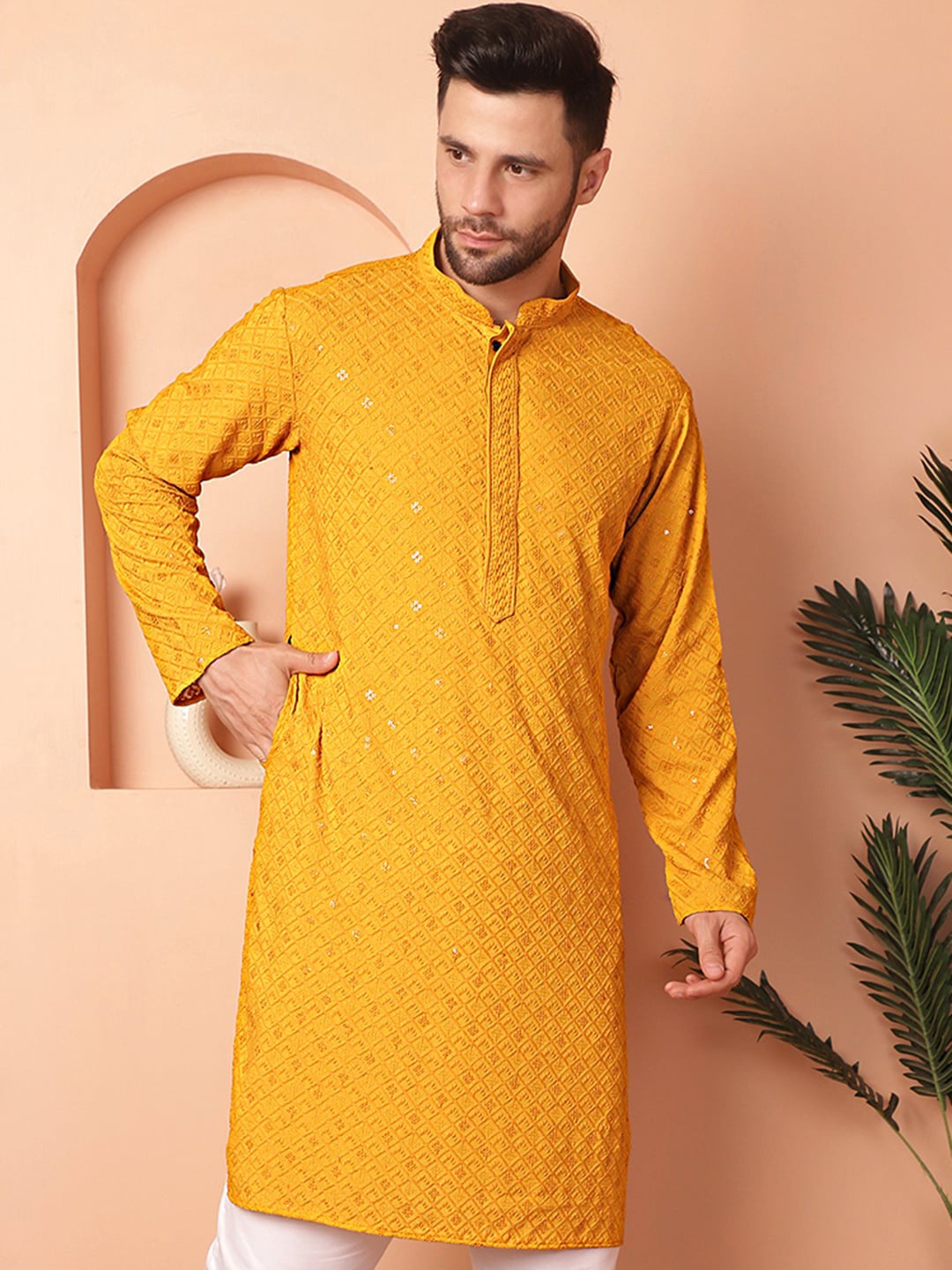 

Jompers Geometric Mandarin Collar Long Sleeves Sequence Kurta Set, Mustard