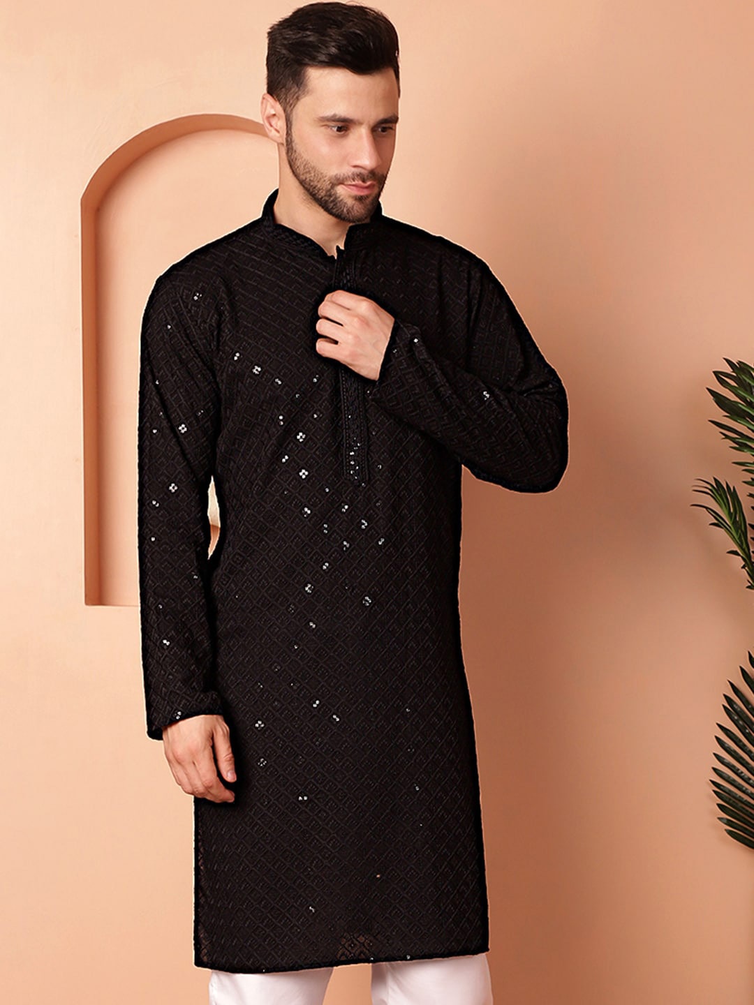 

Jompers Geometric Embroidered Straight Thread Work Straight Kurta With Pyjama, Black