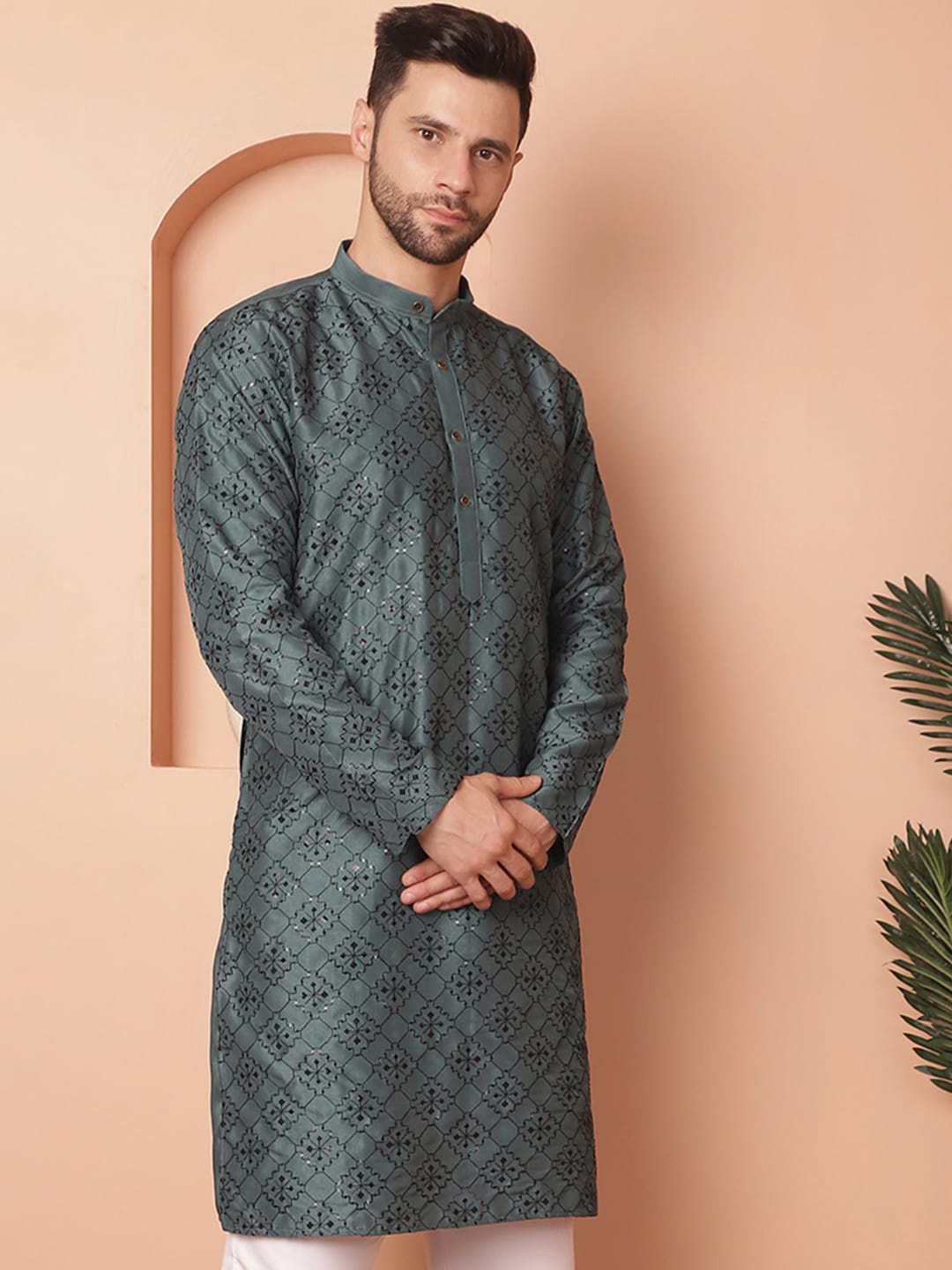 

Jompers Geometric Printed Band Collar Silk Thread Work Straight Kurta, Teal