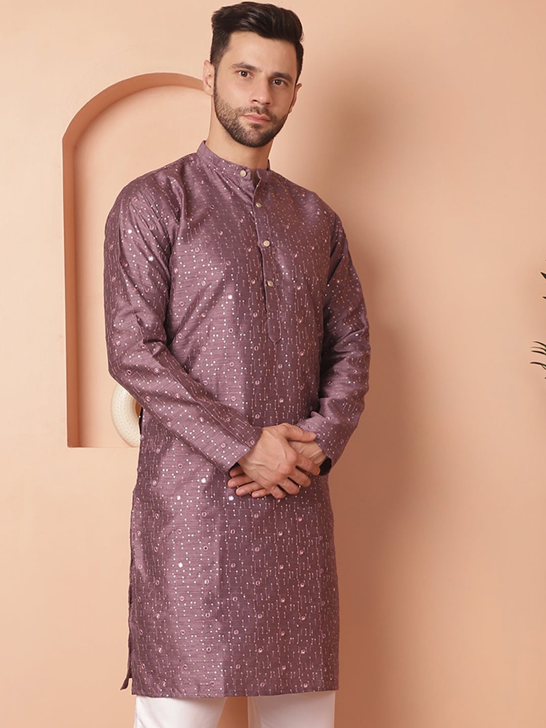 

Jompers Abstract Embroidered Band Collar Silk Straight A-Line Kurta, Purple