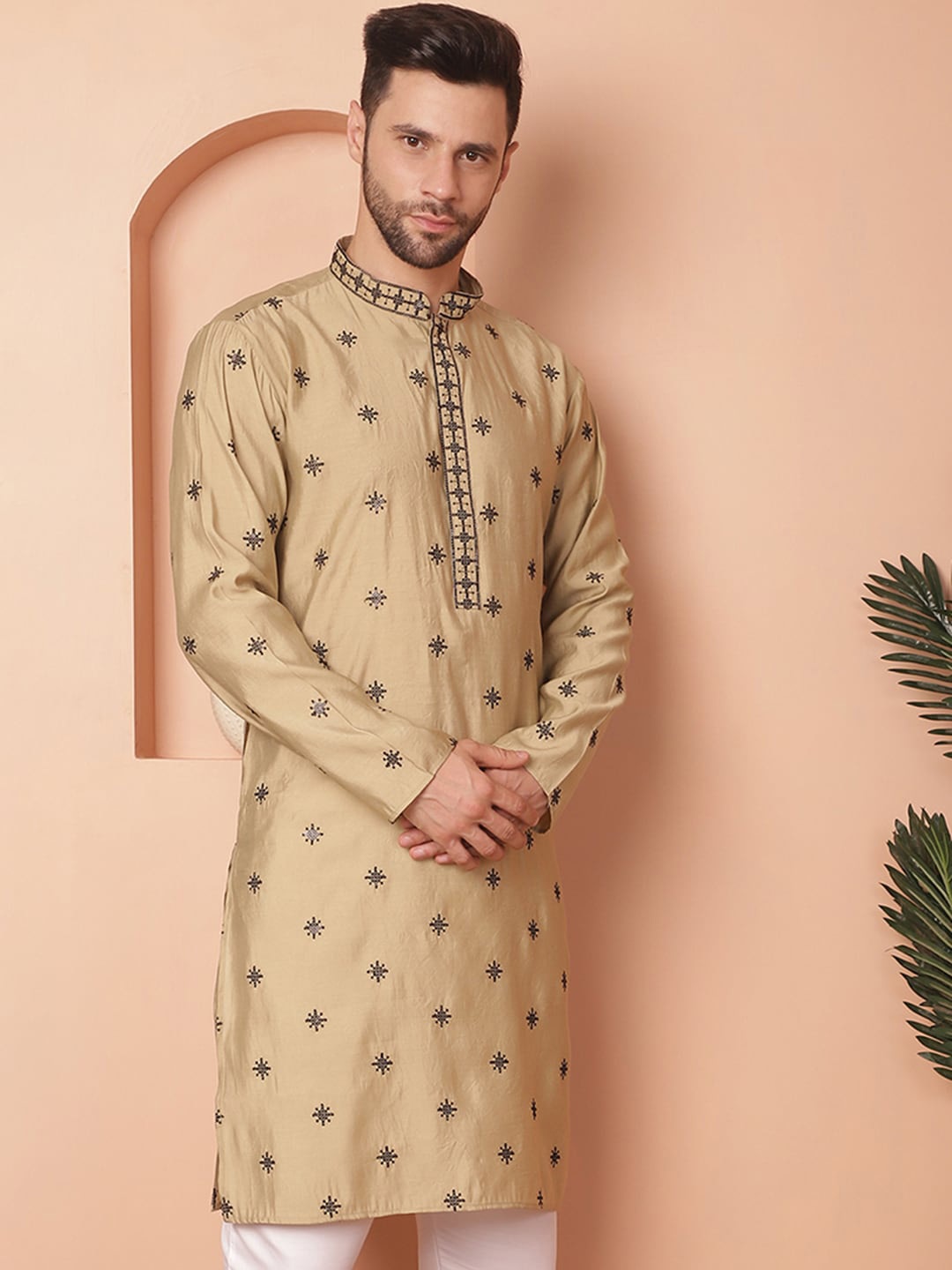 

Jompers Abstract Embroidered Band Collar Mirror Work Silk Empire A-Line Kurta, Beige