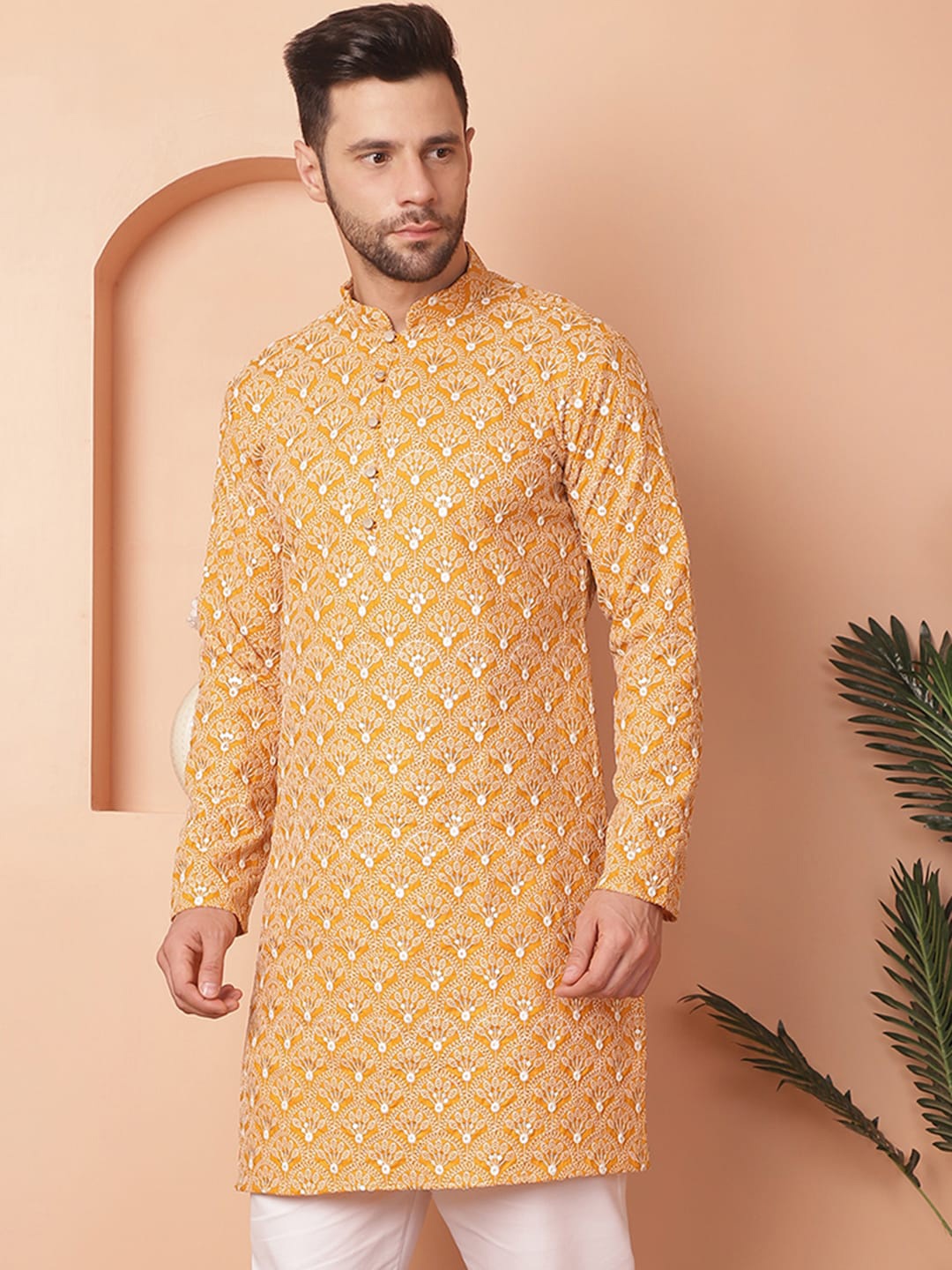 

Jompers Men Printed Flared Sleeves Thread Work Floral Kurta, Mustard
