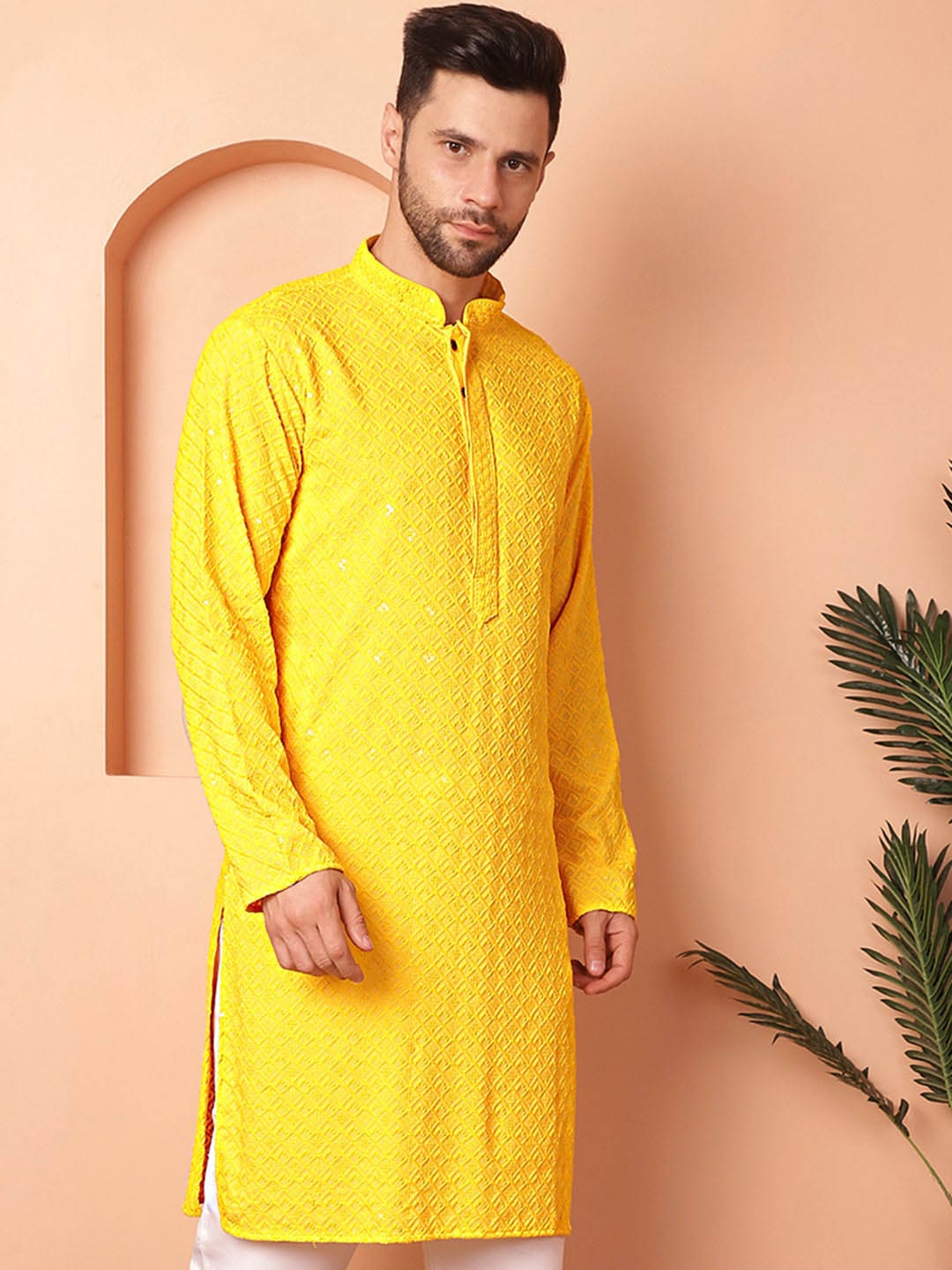 

Jompers Embroidered Mandarin Collar Long Sleeves Thread Work Straight Kurta & Pyjama, Yellow