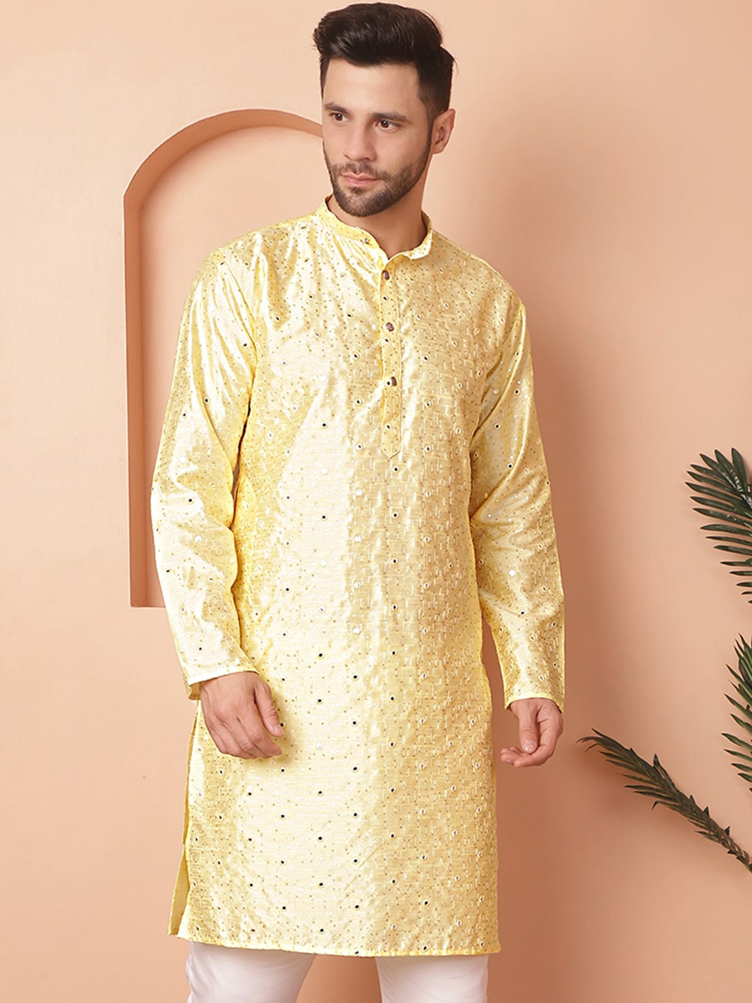 

Jompers Ethnic Motifs Embroidered Band Collar Mirror Work Cotton Silk Straight Kurta, Yellow