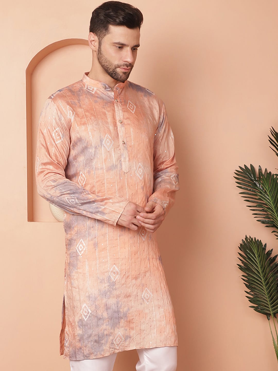 

Jompers Tei-Dry Printed Mandarin Collar Long Sleeves Cotton Thread Work Kurta, Peach