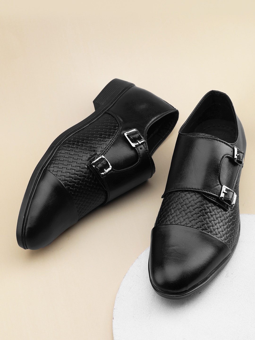

HAKKEL Men Textured Formal Monk Shoes, Black