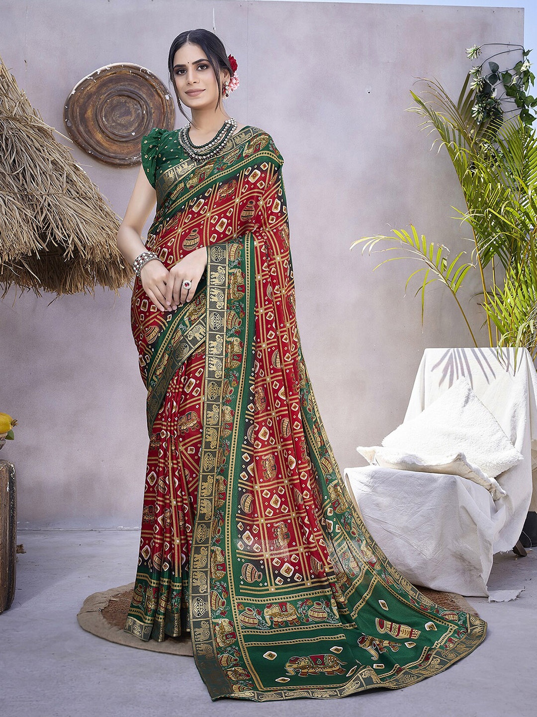 

MAGMINA Printed Zari Bandhani Saree, Green