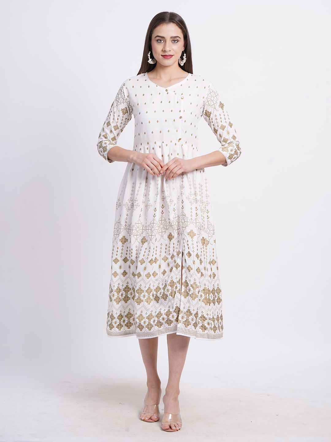

VINISHAA KLOTHING Viscose Rayon Printed Anarkali Dress, White