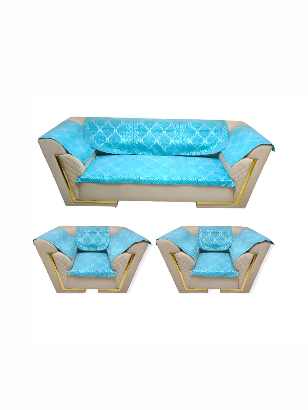

MONKDECOR Turquoise Blue 12 Pcs Printed Velvet Sofa Cover With Arms