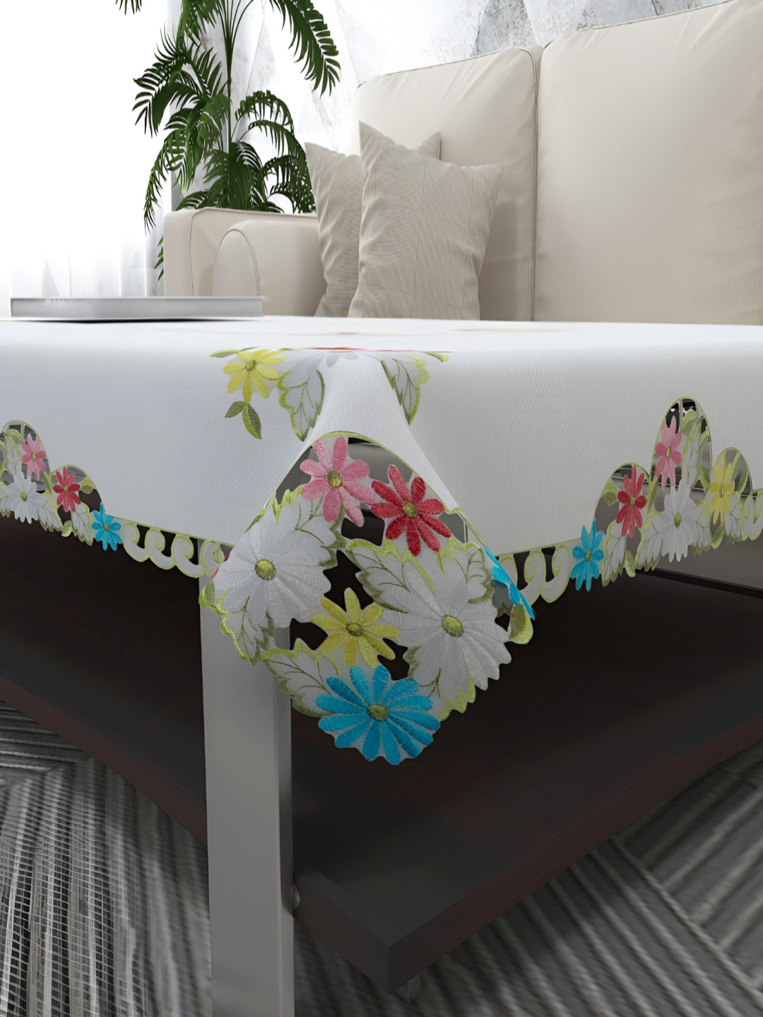 

MONKDECOR White Floral 6-Seater Table Cover with Textured details