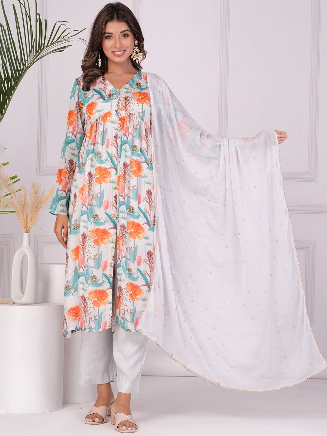 

KALINI V Neck Long Sleeves Floral Printed A Line Kurta with Trouser & Dupatta, White