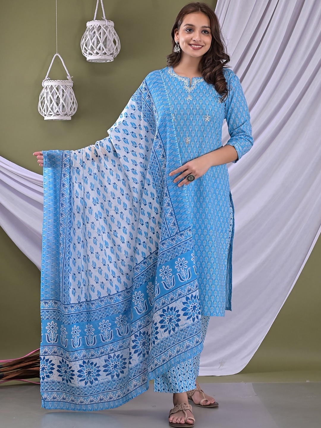 

KALINI Notch Neck Floral Printed Regular Thread Work Pure Cotton Kurta Set, Blue