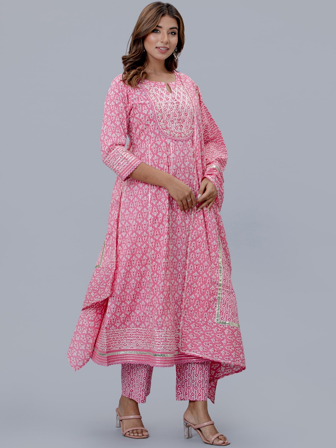 

KALINI Floral Printed Regular Anarkali Pure Cotton Kurta with Trousers & Dupatta, Pink