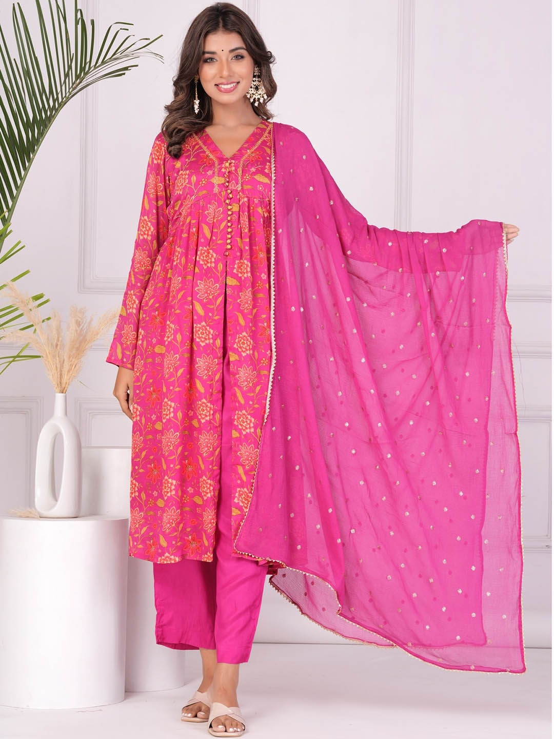 

KALINI V Neck Long Sleeves Floral Printed A Line Kurta with Trouser & Dupatta, Pink