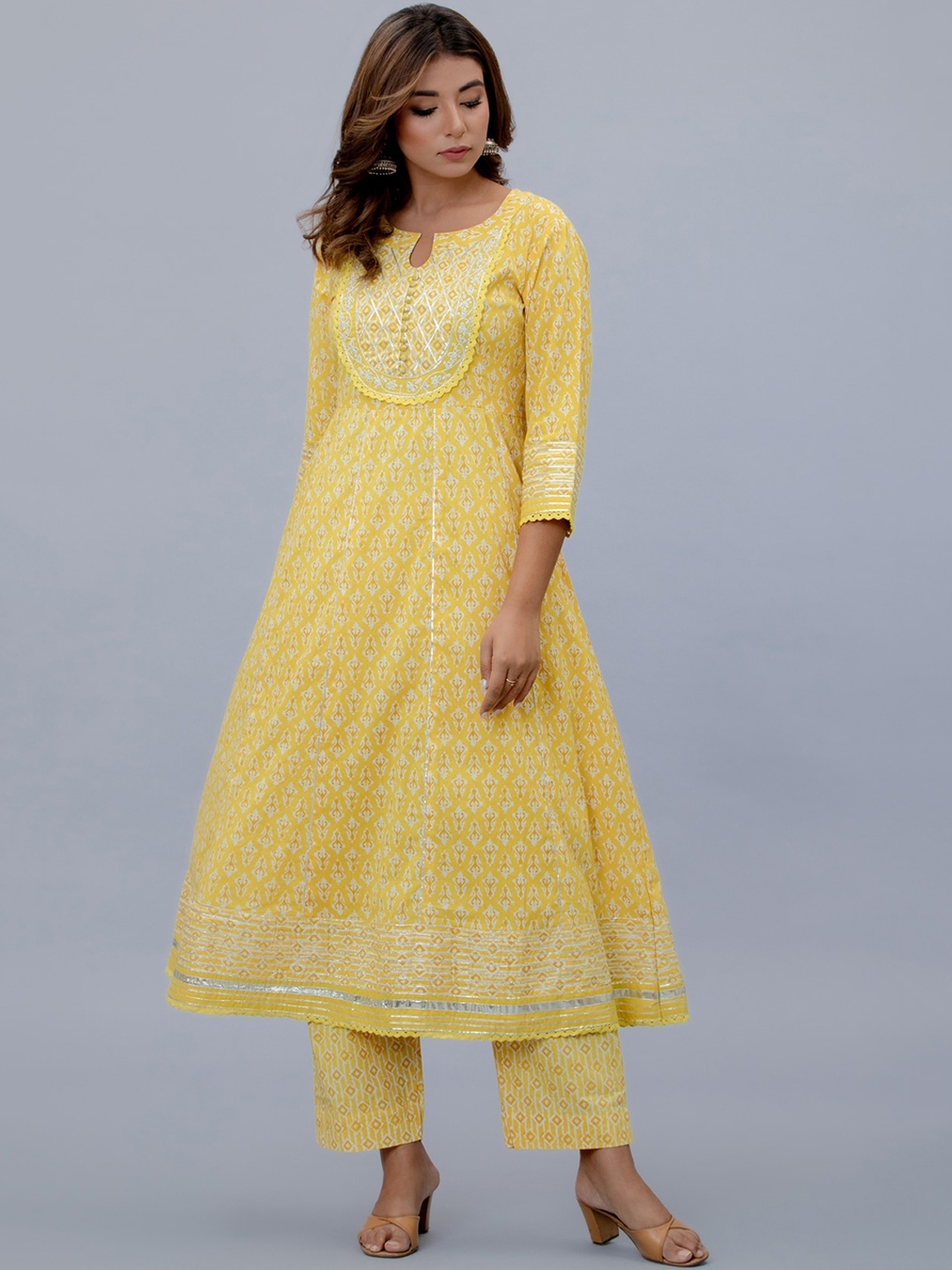 

KALINI Floral Yoke Design Anarkali Gotta Patti Pure Cotton Kurta With Trousers, Yellow