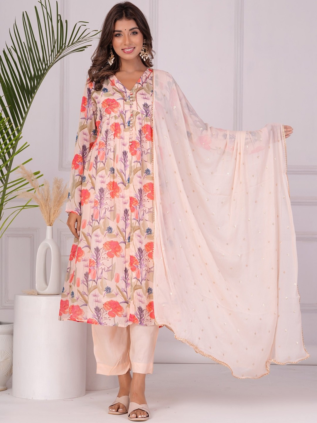 

KALINI Floral Printed Regular Beads and Stones Kurta with Trousers & Dupatta, Cream