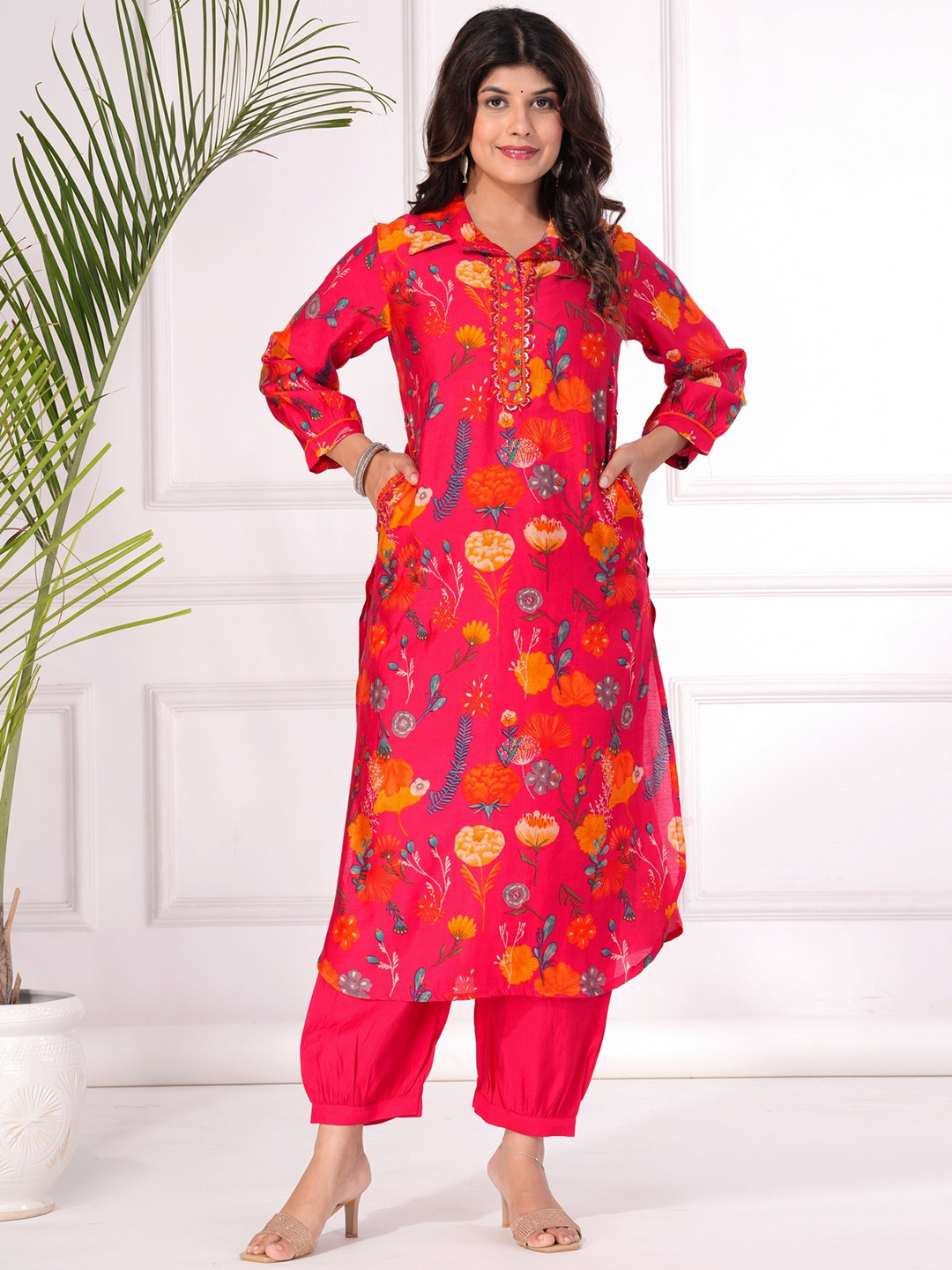 

KALINI Floral Printed Shirt Collar Sequinned Pure Cotton Straight Kurta with Trousers, Pink