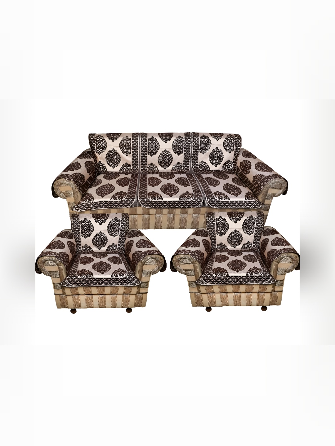 

TANLOOMS Brown & White 12 Pcs Printed Velvet 5 Seater Sofa Cover With Arms