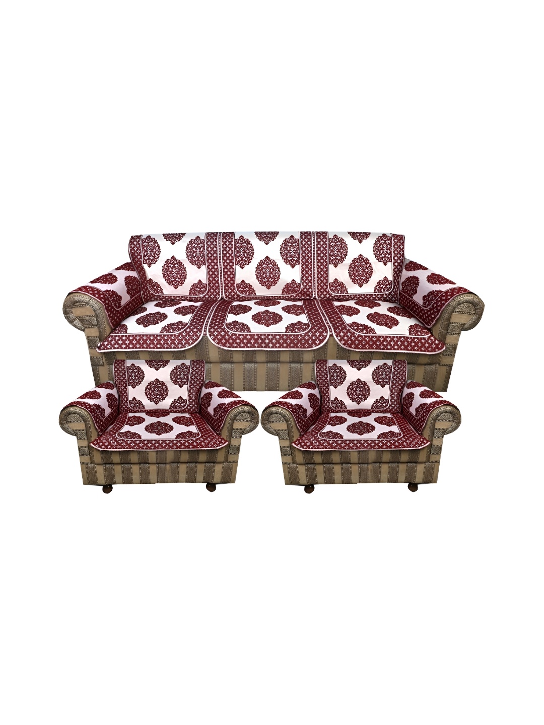 

TANLOOMS Maroon & White 12 Pcs Printed Velvet 5 Seater Sofa Cover With Arms