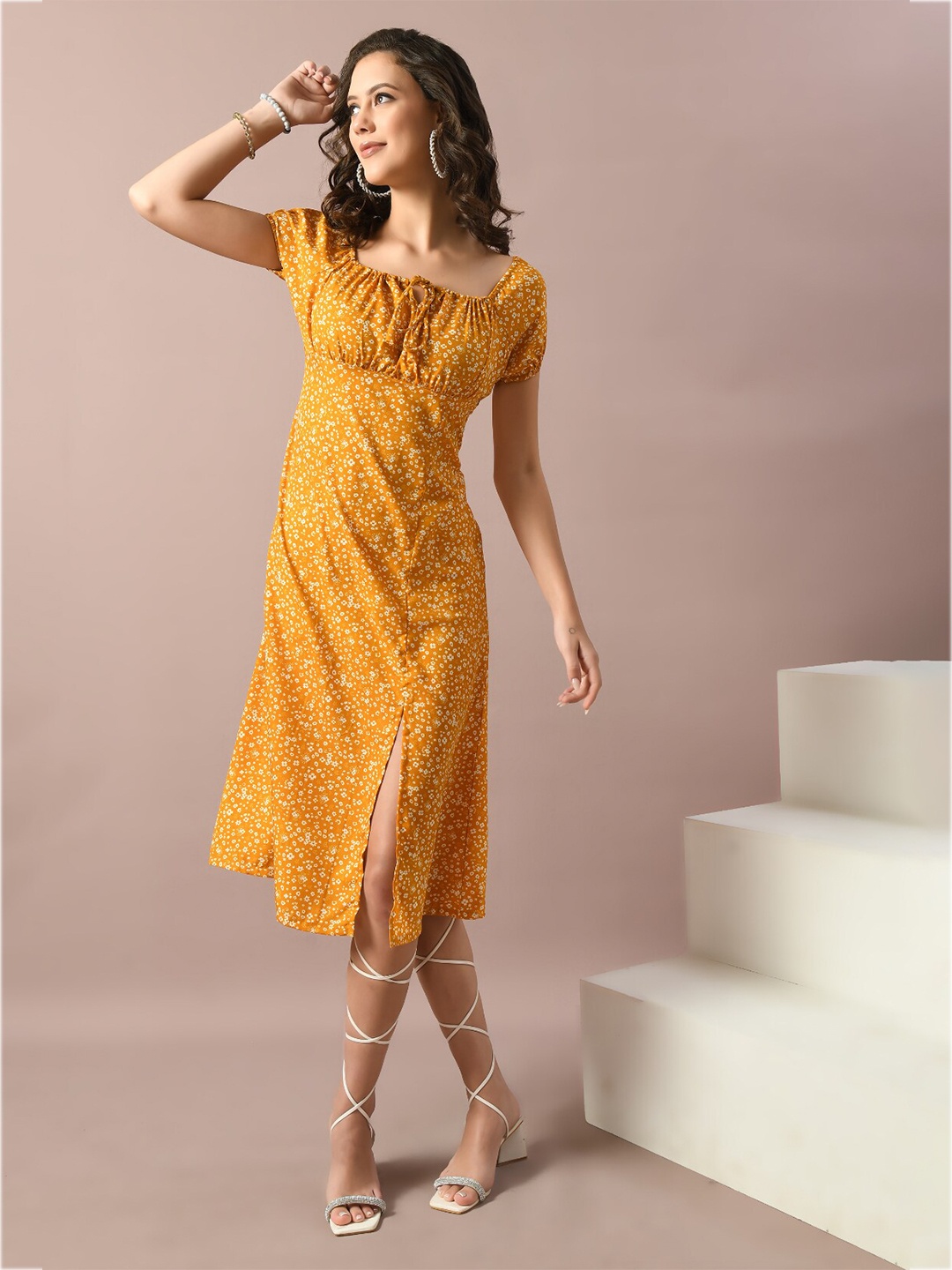 

IUGA Floral Printed A-Line Midi Dress, Yellow