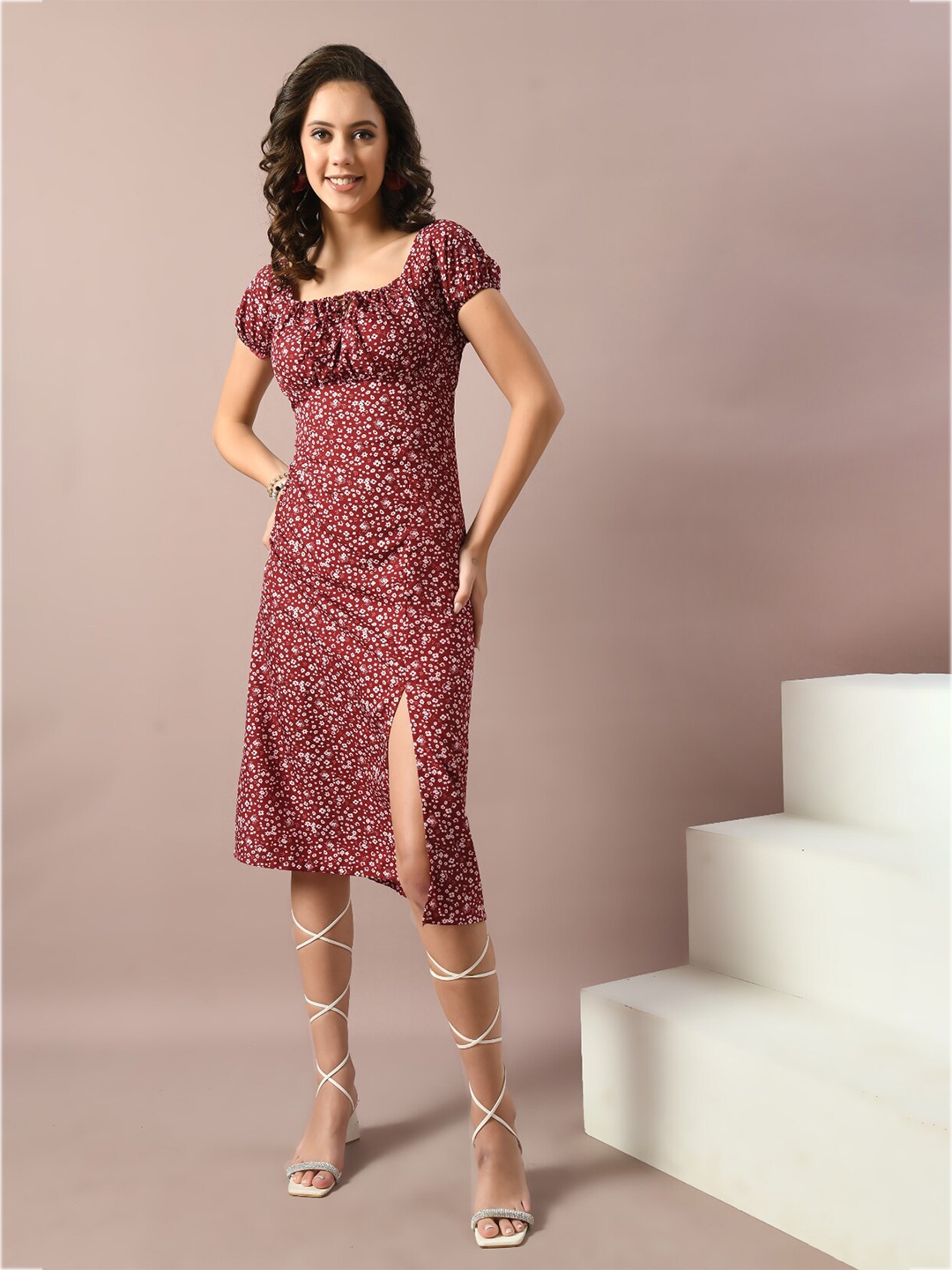 

IUGA Floral Printed A-Line Midi Dress, Maroon