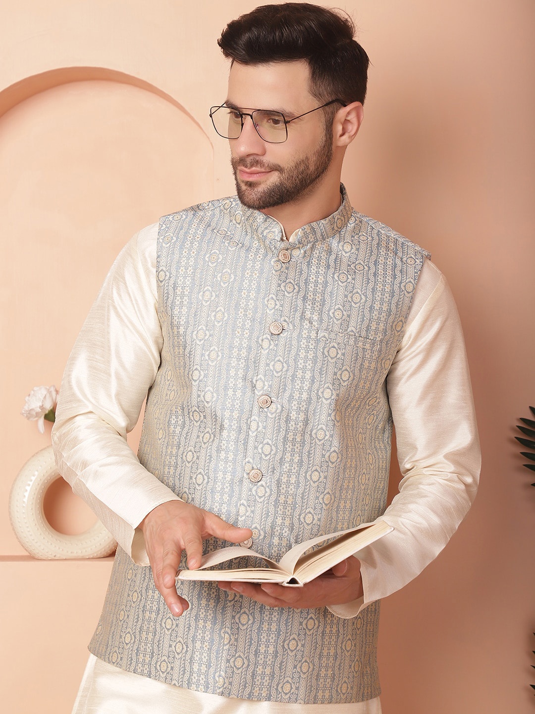 

Jompers Woven-Design Nehru Jacket, Blue
