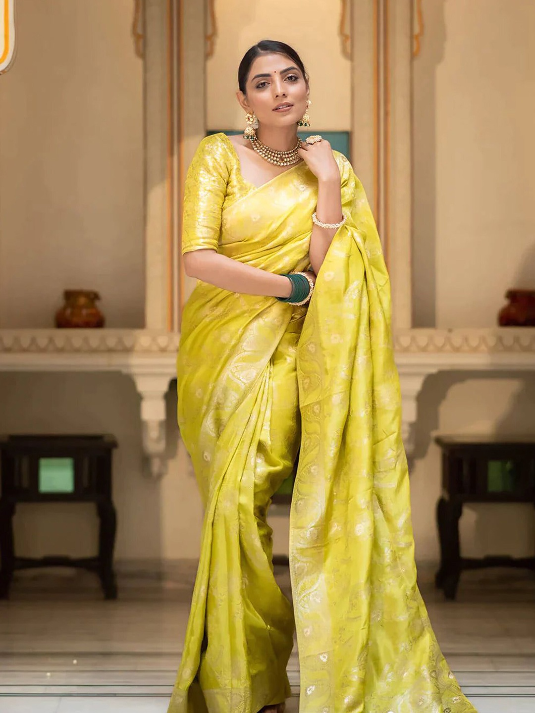 

KALINI Ethnic Motifs Woven Design Zari Saree, Yellow