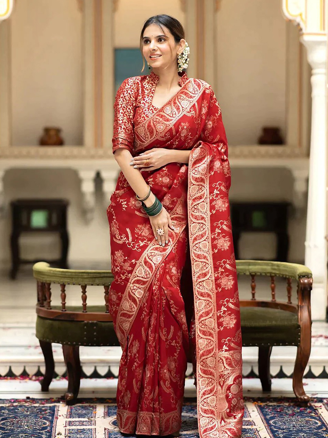 

KALINI Floral Woven Design Zari Saree, Red