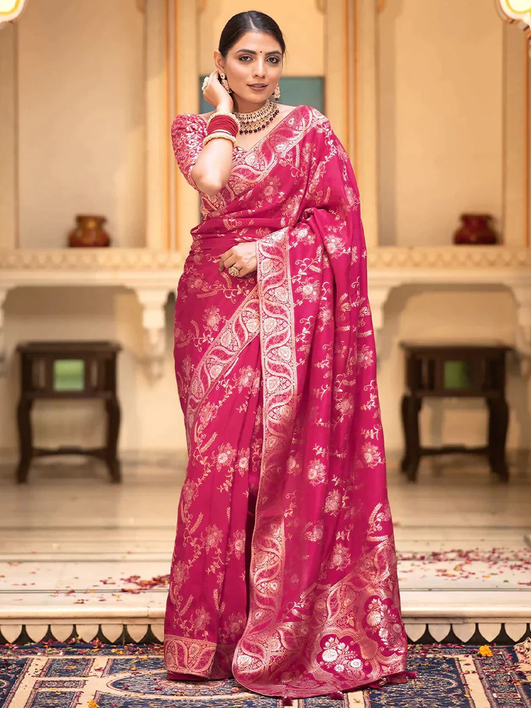 

KALINI Floral Woven Design Designer Zari Saree, Pink