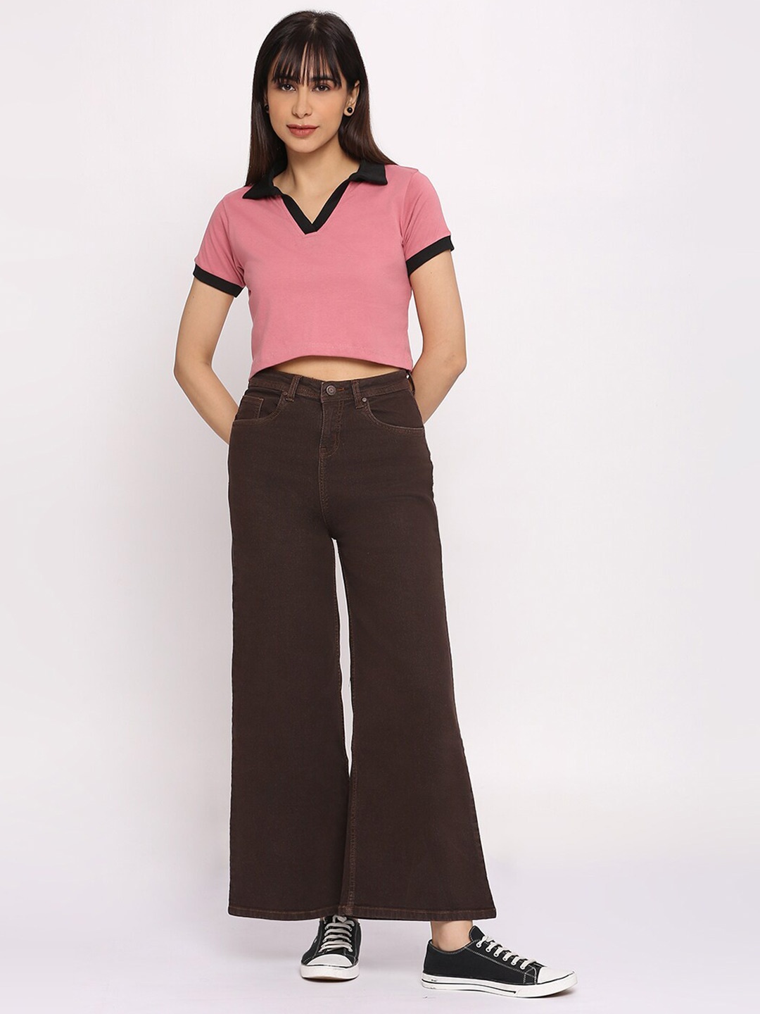 

Pink Guava Polo Collar Cotton Crop T-shirt