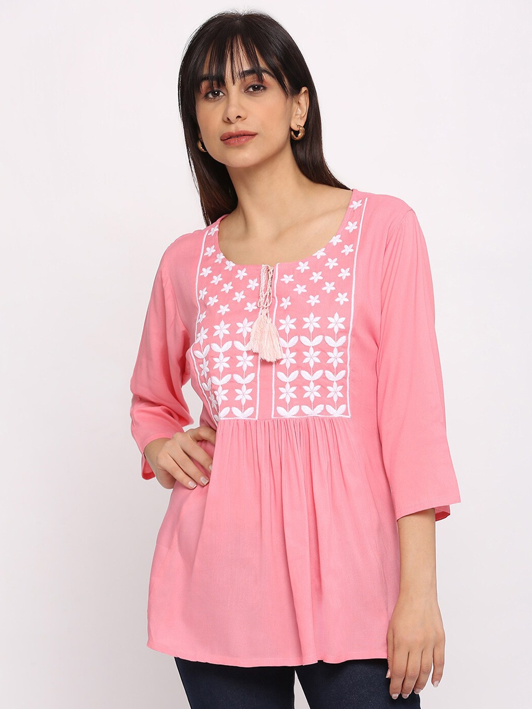 

Pink Guava Embroidered Thread Work Thread Work Kurti