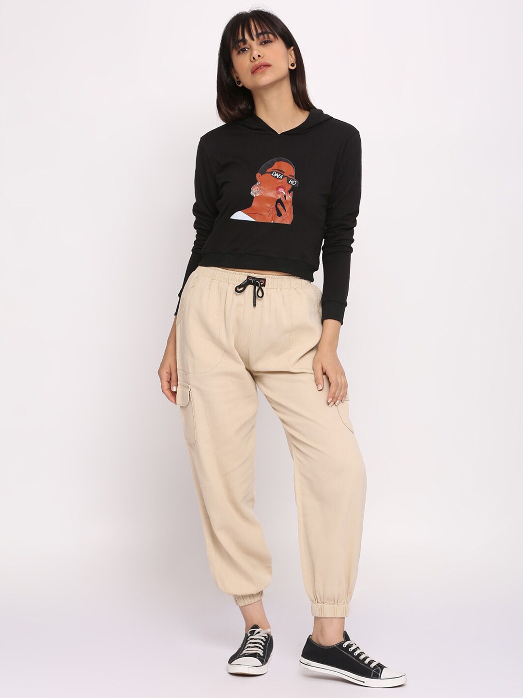 

Pink Guava Graphic Printed Hooded Crop Pure Cotton Relaxed Fit T-shirt, Black