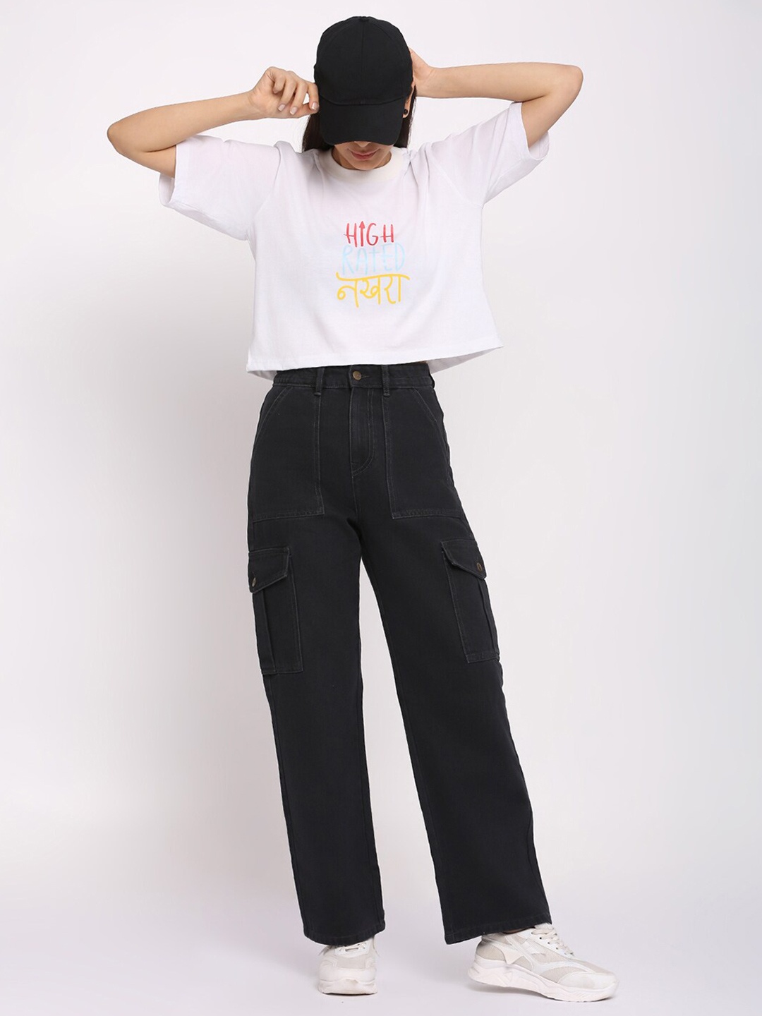 

Pink Guava Typography Printed Crop Pure Cotton Oversized T-shirt, White