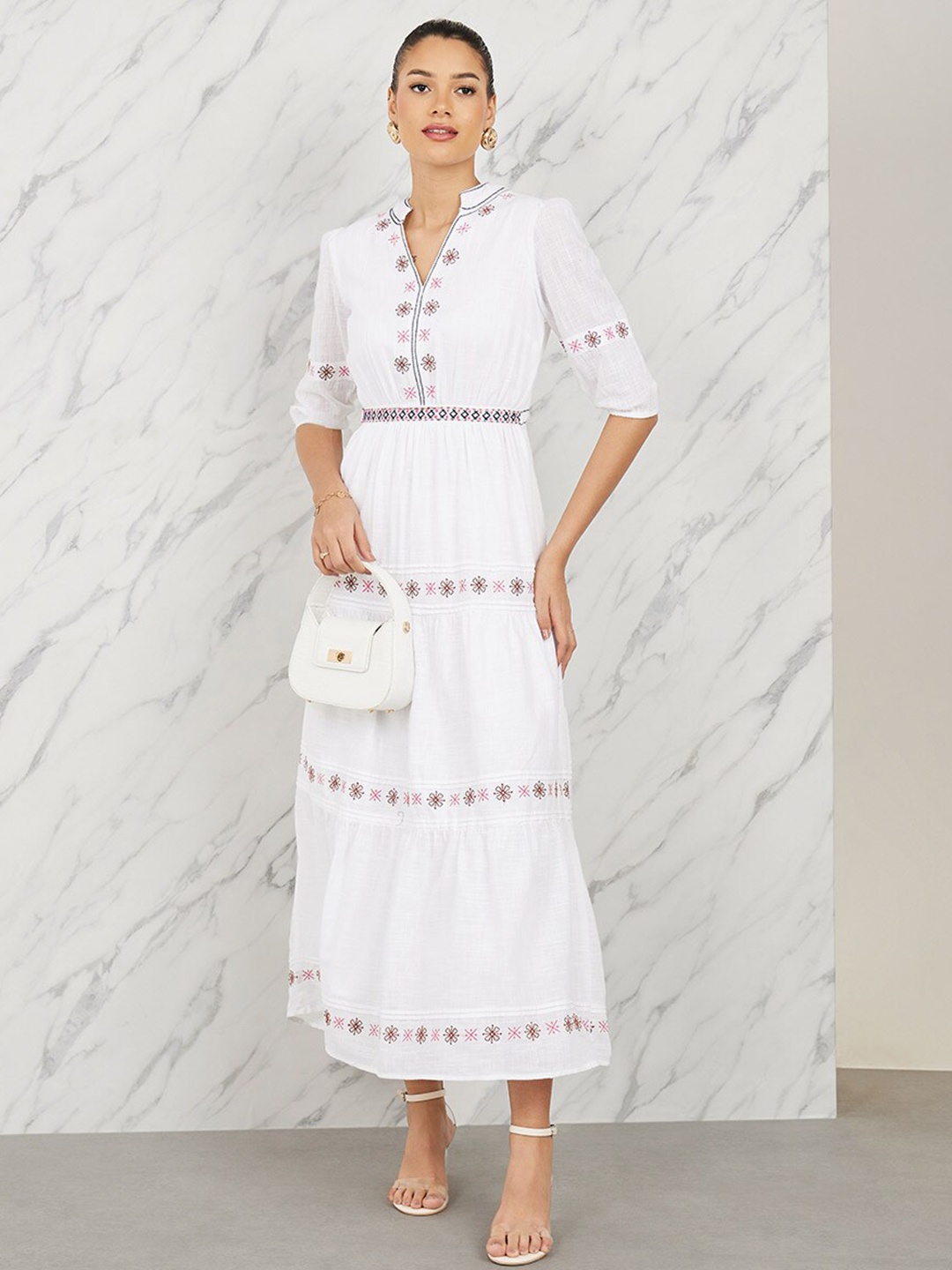 

Styli Floral Embroidered Mandarin Collar Puff Sleeves A-Line Maxi Dress, White