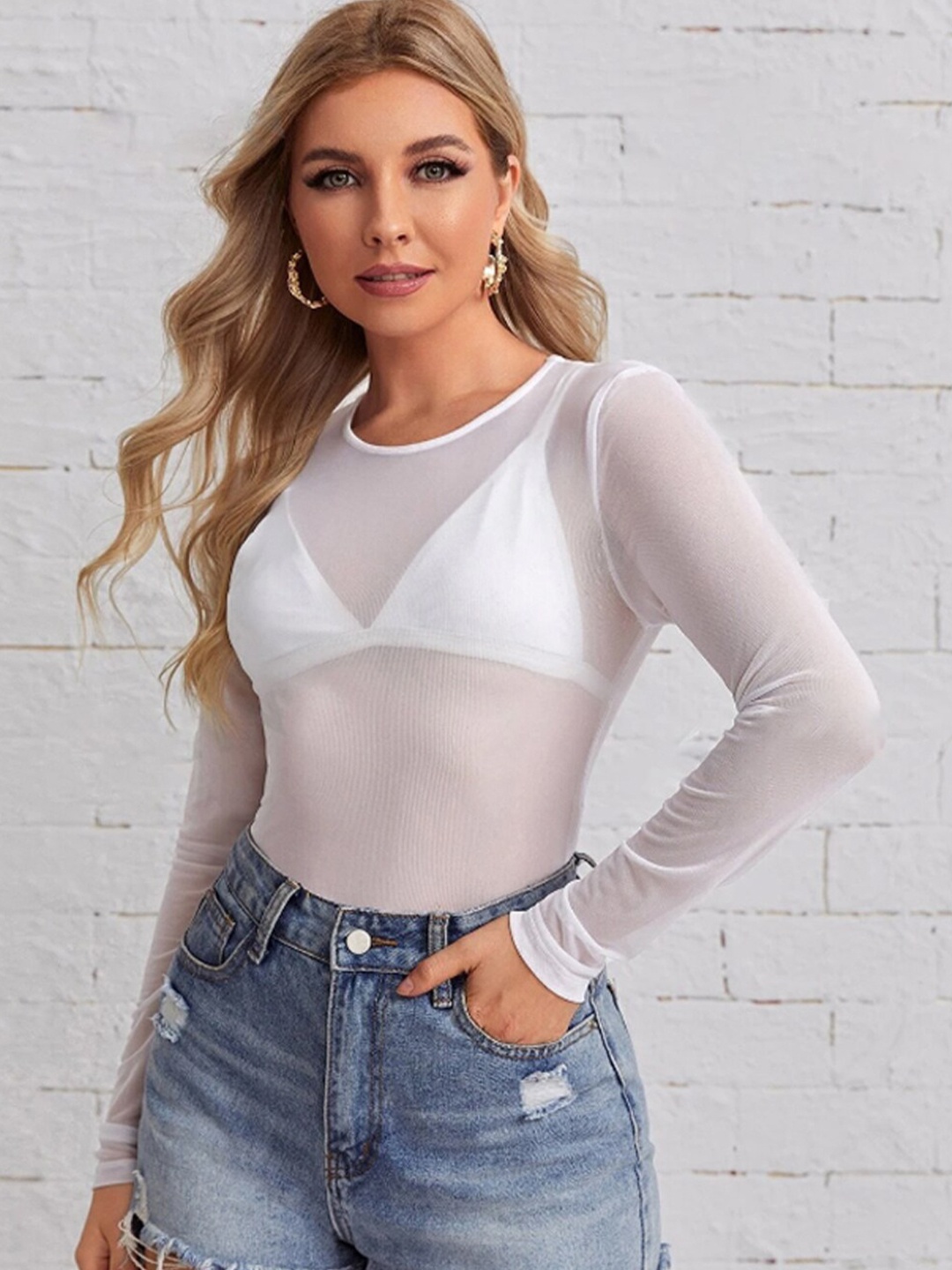 

BAESD Round Neck Semi Sheer Top, White