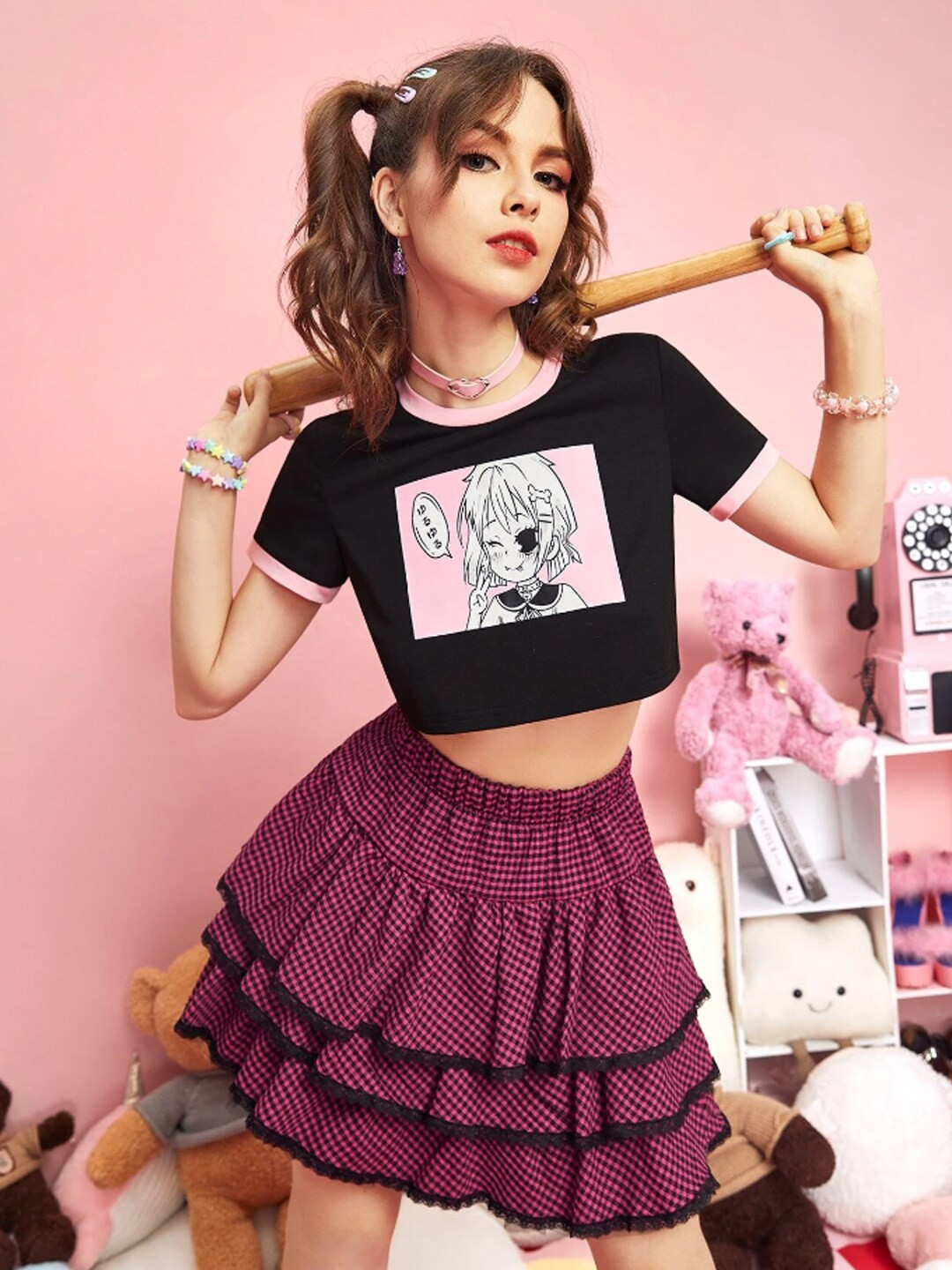 

BAESD Graphic Print Round Neck Boxy Crop Top, Black
