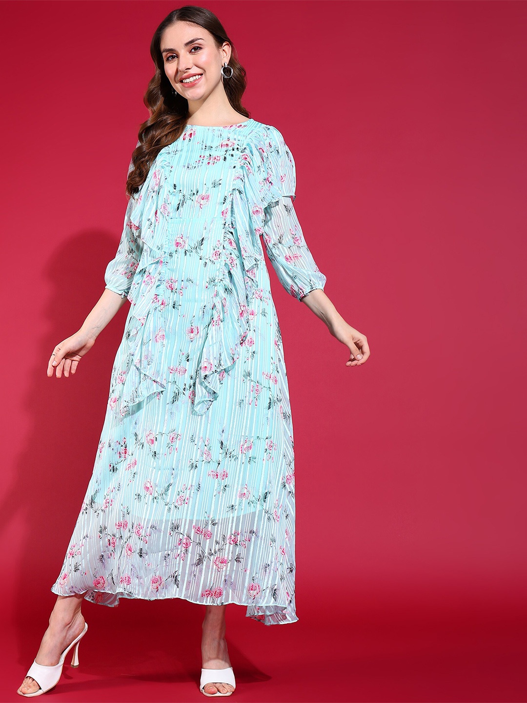 

BAESD Round Neck Floral Printed A-Line Maxi Dress, Green