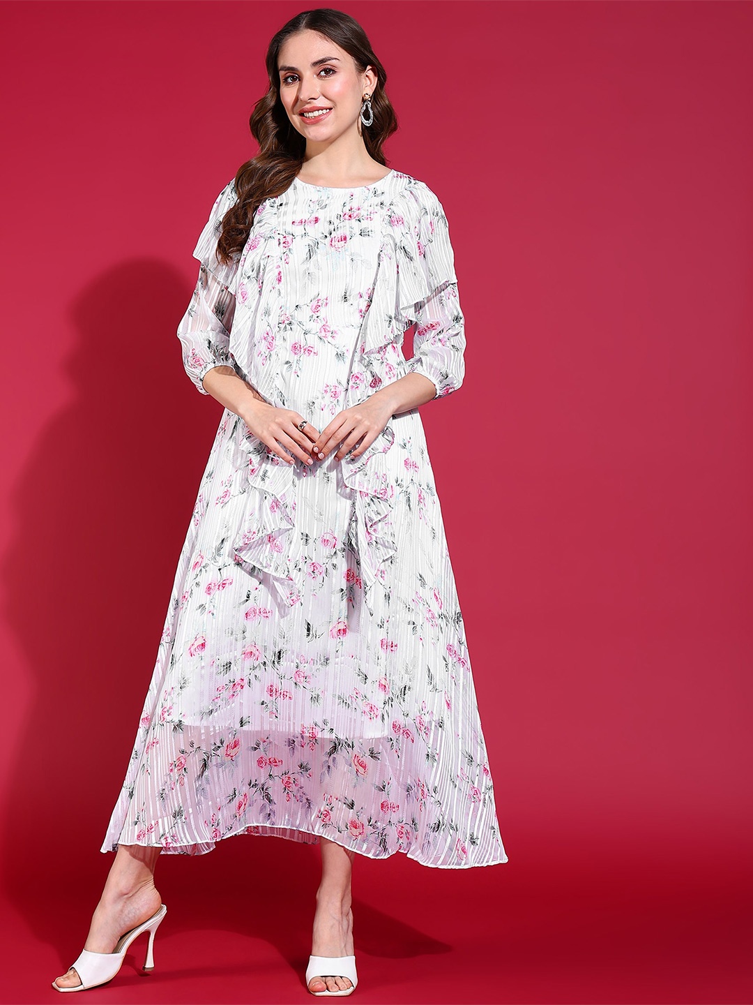 

BAESD Floral Printed A-Line Midi Dress, White
