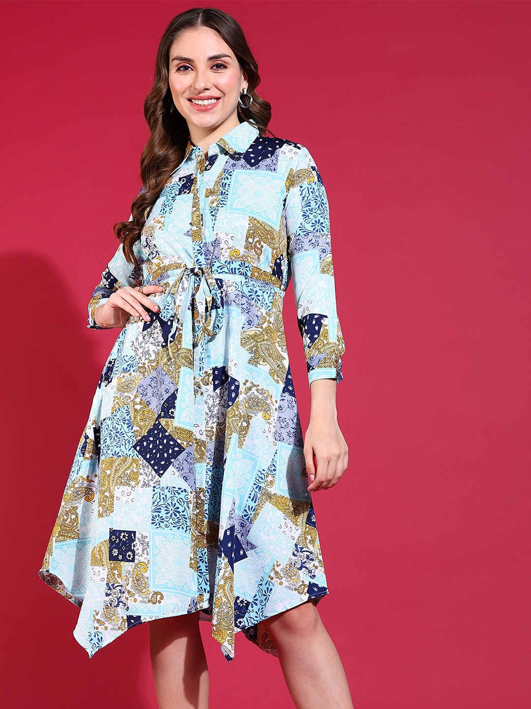 

BAESD Ethnic Motifs Printed Shirt Collar Flared Shirt Dress, Green