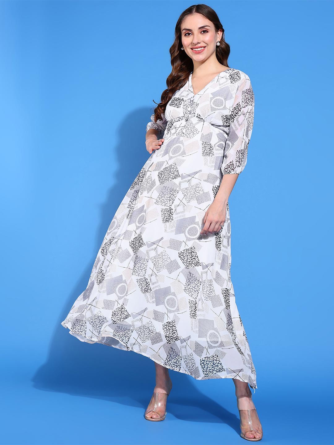 

BAESD Geometric Printed Georgette Flared Maxi Wrap Dress, Grey