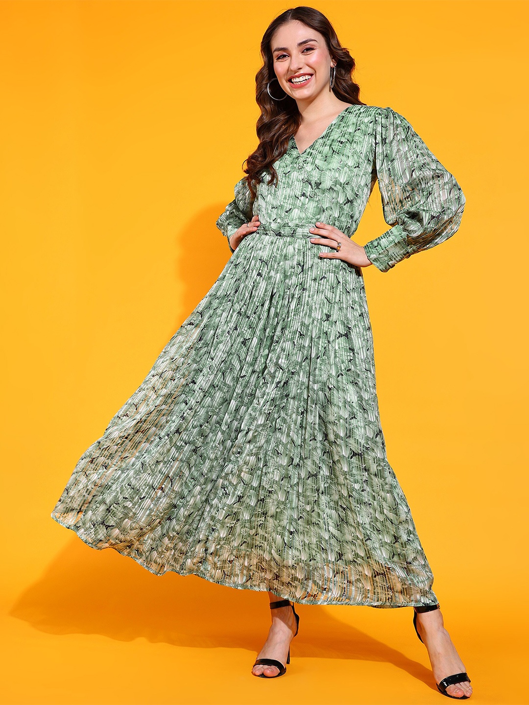 

BAESD Floral Printed Cotton V-Neck Flared Maxi Dress, Green