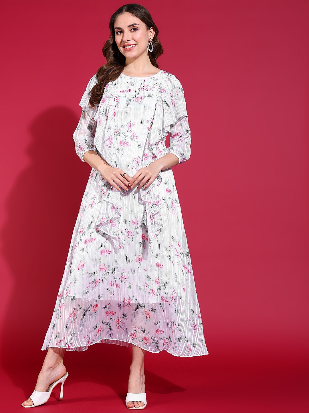 

BAESD Round Neck Floral Printed A-Line Midi Dress, White