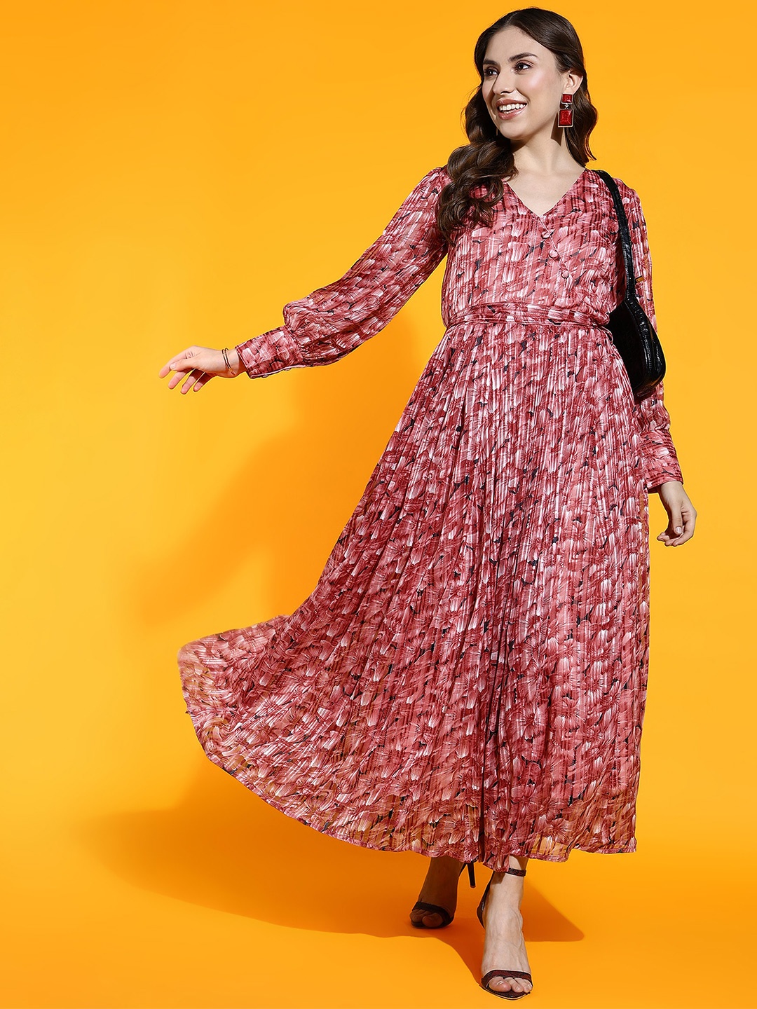 

BAESD V-Neck Puff Sleeves Cotton Print Maxi Dress, Maroon