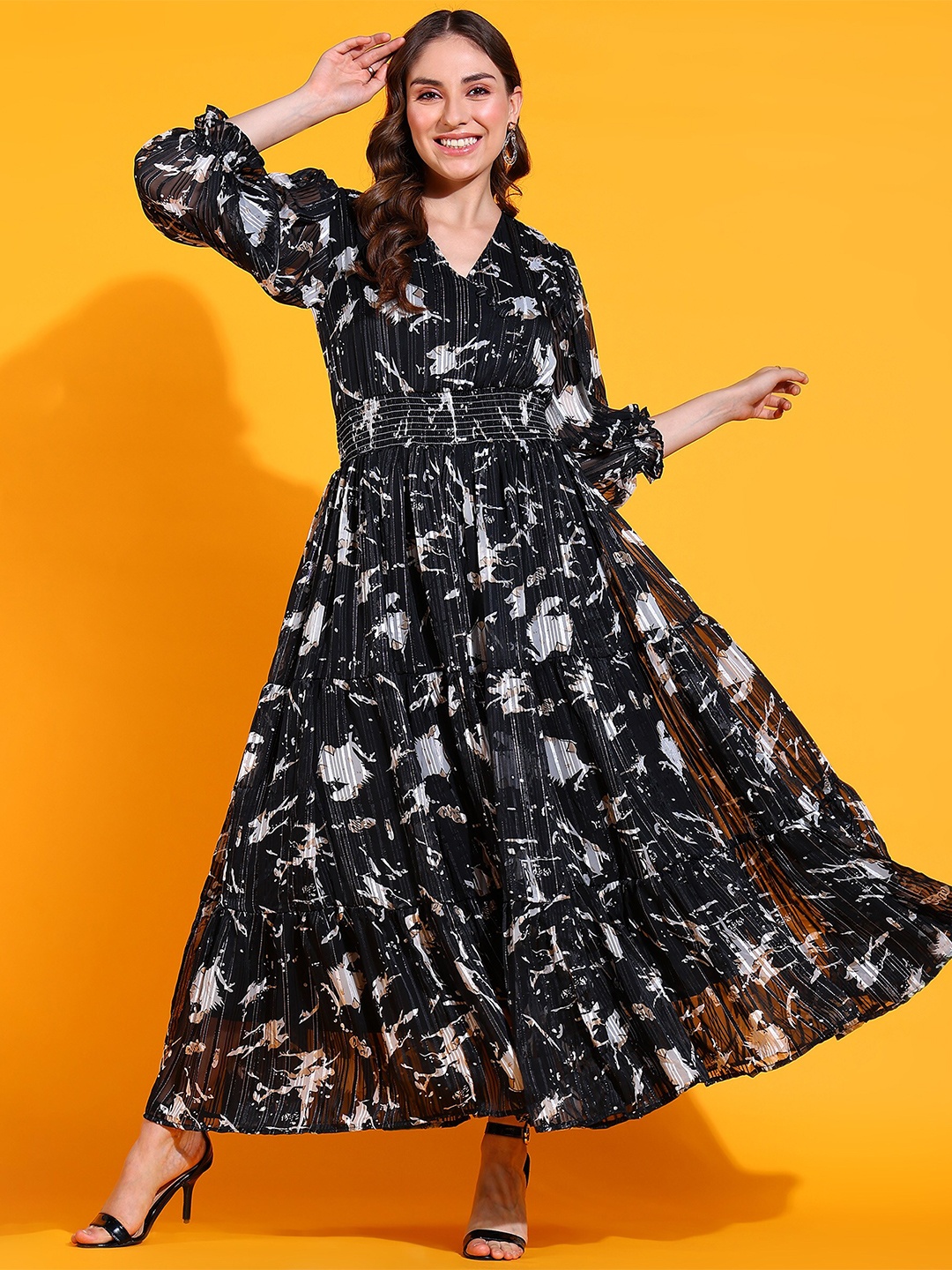 

BAESD V-Neck Puff Sleeves Abstract Print Cotton Maxi Dress, Black
