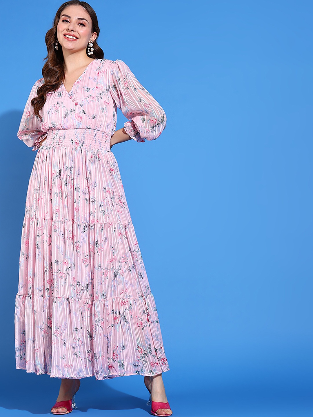 

BAESD Floral Printed Puff Sleeves Maxi Dress, Pink